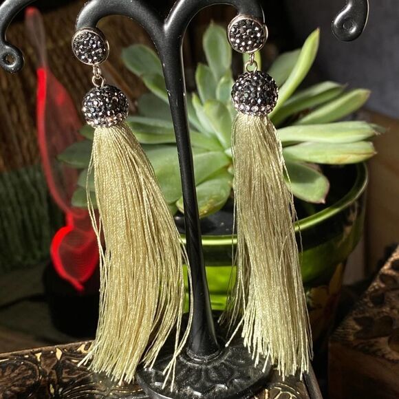 Tassel Shimmer Green & Austrian Crystal Earrings - Picture 7 of 7